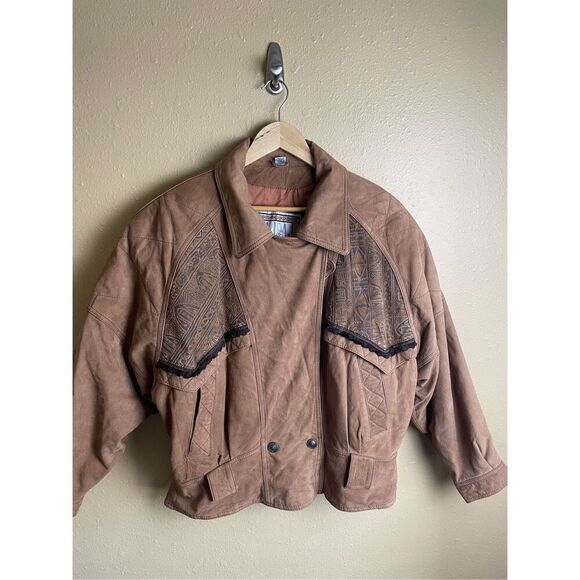 Vintage A.D.A. Leather Bomber Jacket with Tooled Southwestern Theme Women’s L - Picture 4 of 12